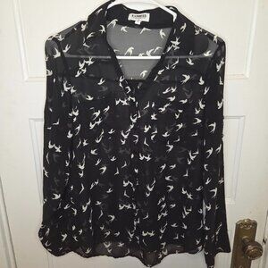 Express The Portfolio Button Up Blouse - Women's Small - Black w/ White Swallows